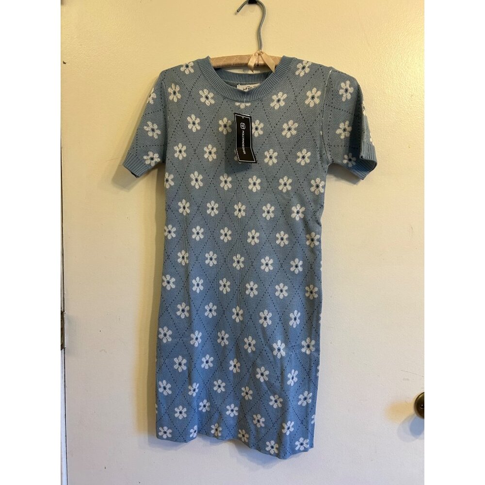 Just Polly Blue Knit Sweater Dress Small Floral Daisy Short Sleeve Retro Y2K Mod